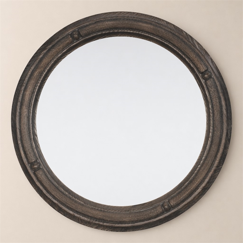 Bowery Hill Round Wall Mirror in Pine Wood and Maduro Brown Finish