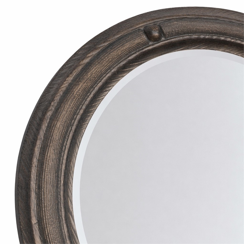 Bowery Hill Round Wall Mirror in Pine Wood and Maduro Brown Finish