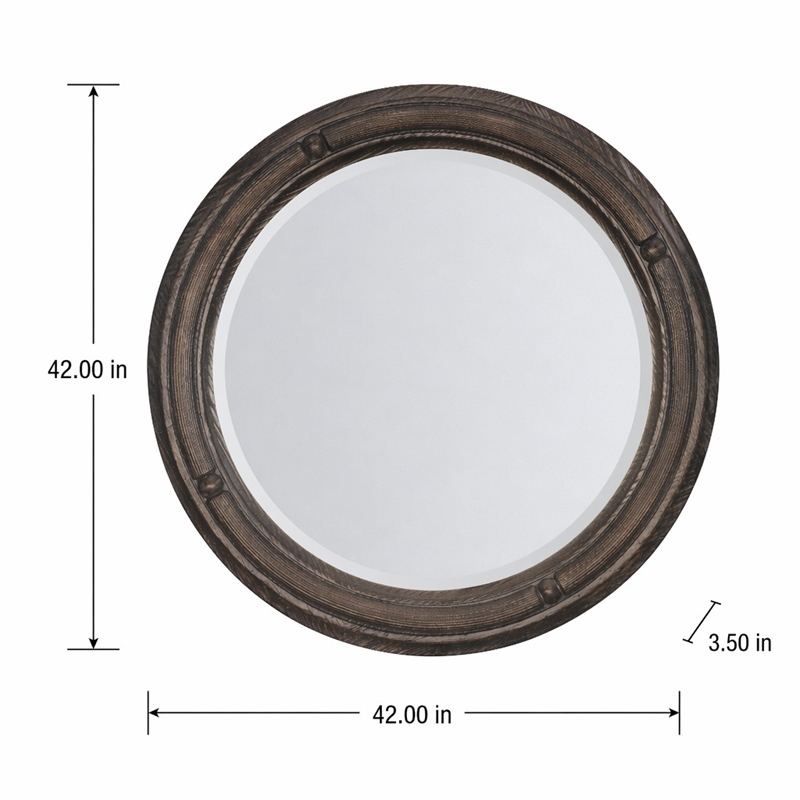 Bowery Hill Round Wall Mirror in Pine Wood and Maduro Brown Finish