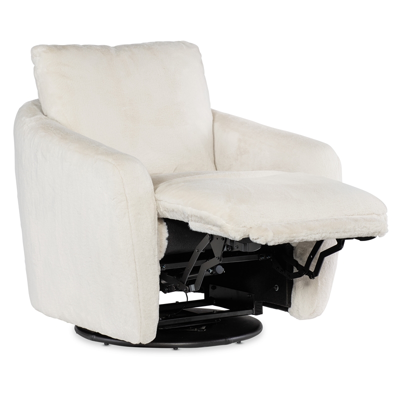 Bowery Hill Swivel Chair with Power Footrest in White Faux Fur Fabric