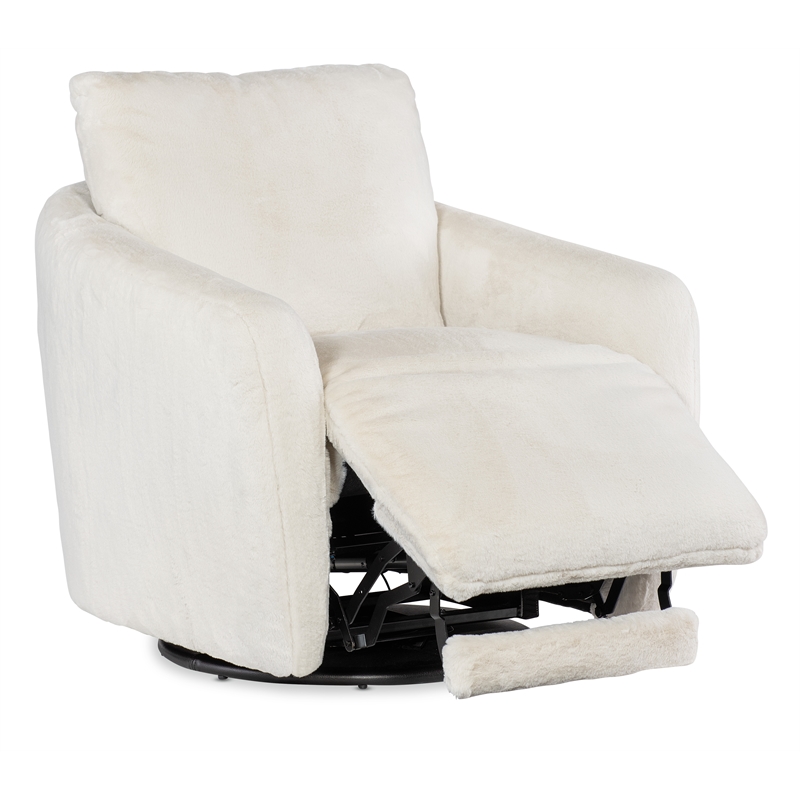 Bowery Hill Swivel Chair with Power Footrest in White Faux Fur Fabric