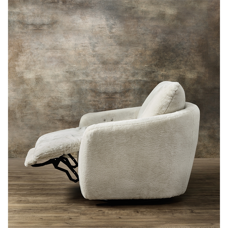 Bowery Hill Swivel Chair with Power Footrest in White Faux Fur Fabric