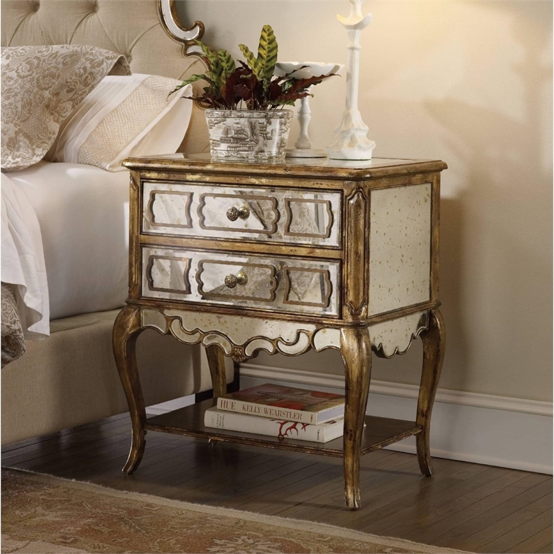 Bowery Hill Mirrored 2 Drawer Bedroom Nightstand in Rich Gold Finish