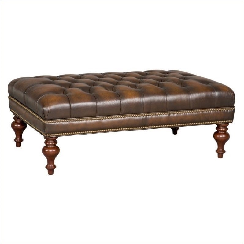 Bowery Hill Rectangular Tufted Aniline Leather Ottoman in Medium Brown