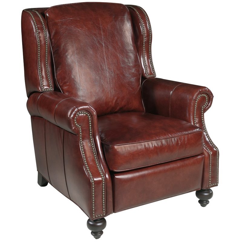 Bowery Hill Wing Back Nailhead Recliner in Wine Colored Aniline Leather
