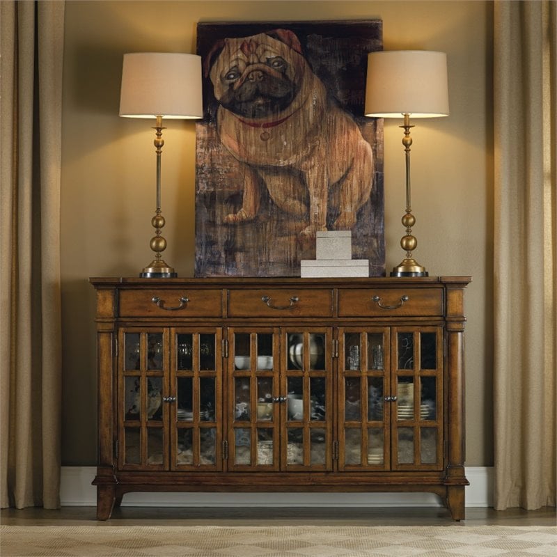 Bowery Hill 6 Door Seeded Glass Buffet with 3 Drawers in Medium Wood