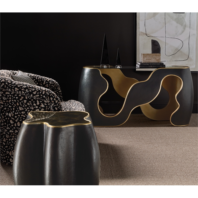 Bowery Hill Console Table in Black Resin with Smoked Glass Top