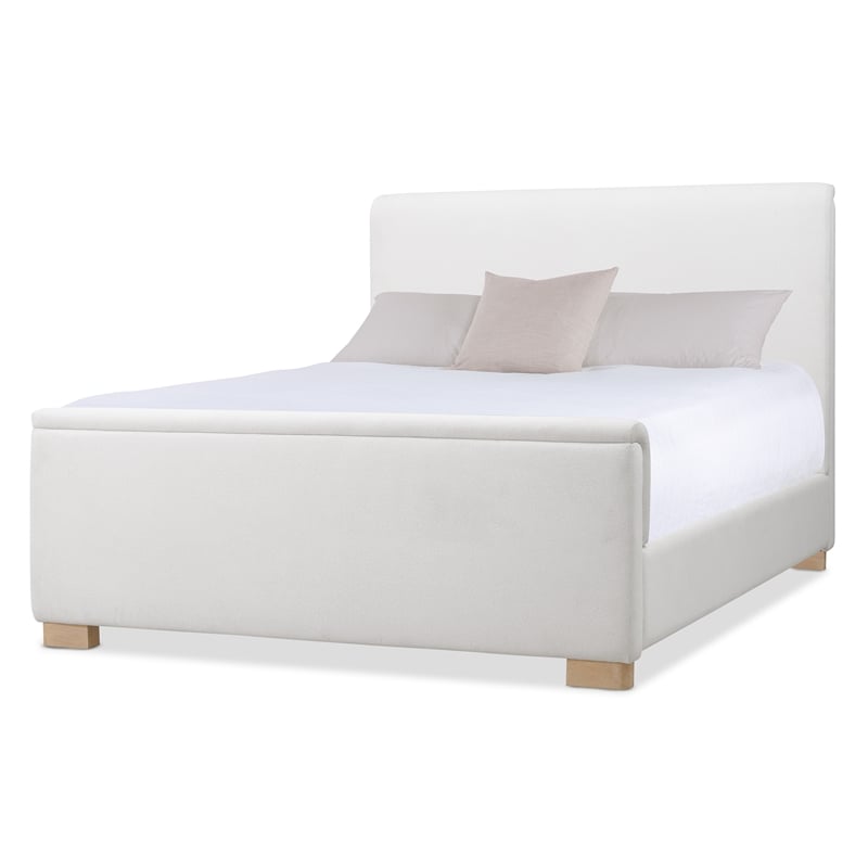 Bowery Hill Queen Upholstered Bed in Near-White Fabric and Desert Oak
