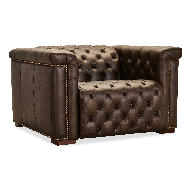 Bowery Hill Chesterfield Power Recliner with Headrest in Brown Leather