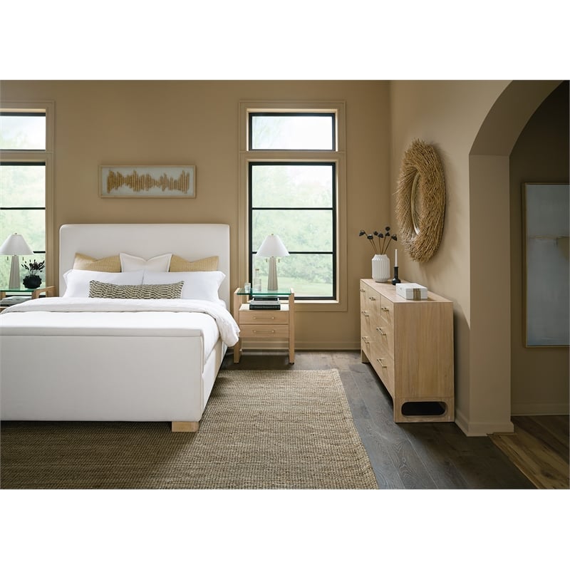 Bowery Hill King Upholstered Bed with Wood Block Feet in Near-White