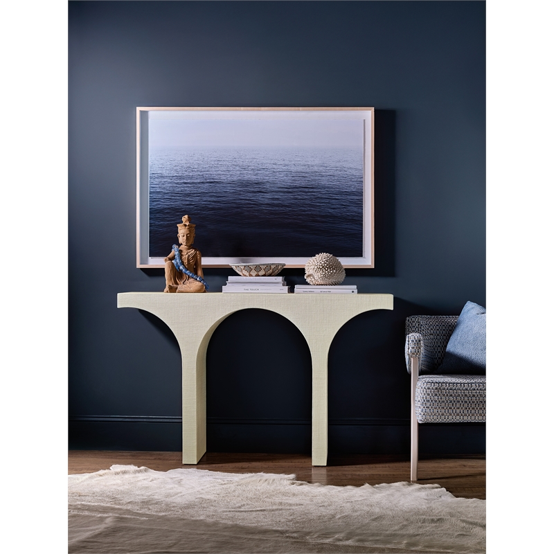 Bowery Hill Arched Burlap Wrapped Console Table in Cream Pebble Beach