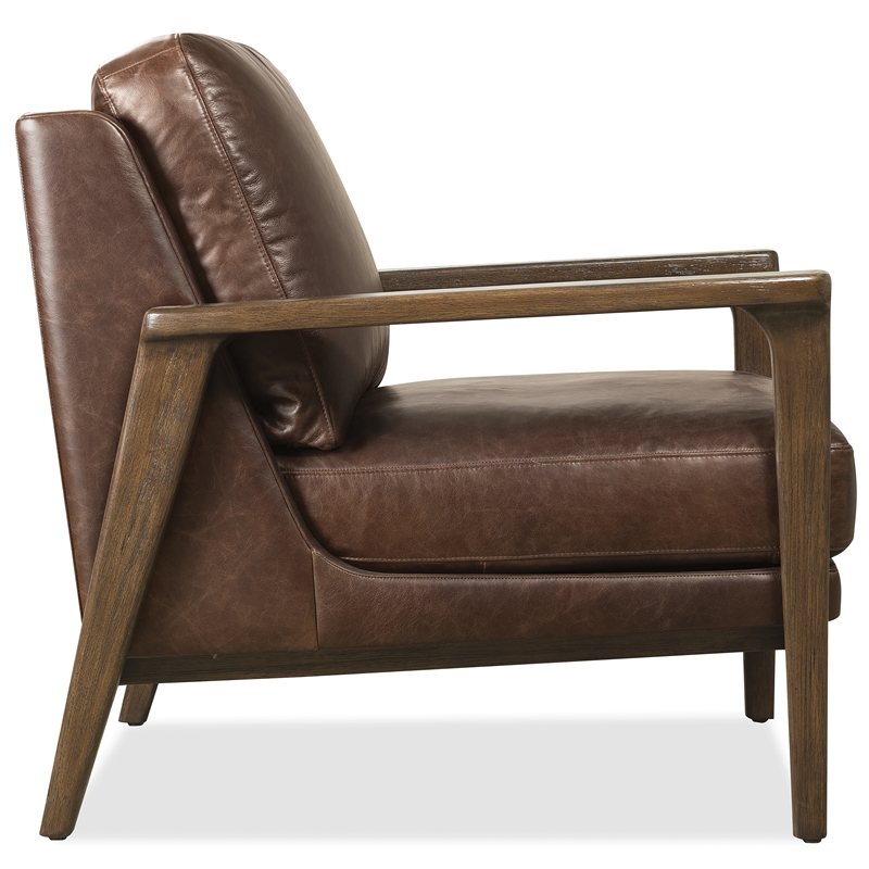 Bowery Hill Brown Leather Club Chair with Exposed Dark Wood Arms