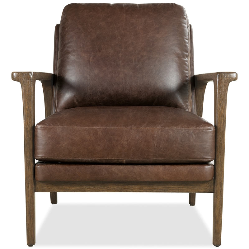 Bowery Hill Brown Leather Club Chair with Exposed Dark Wood Arms