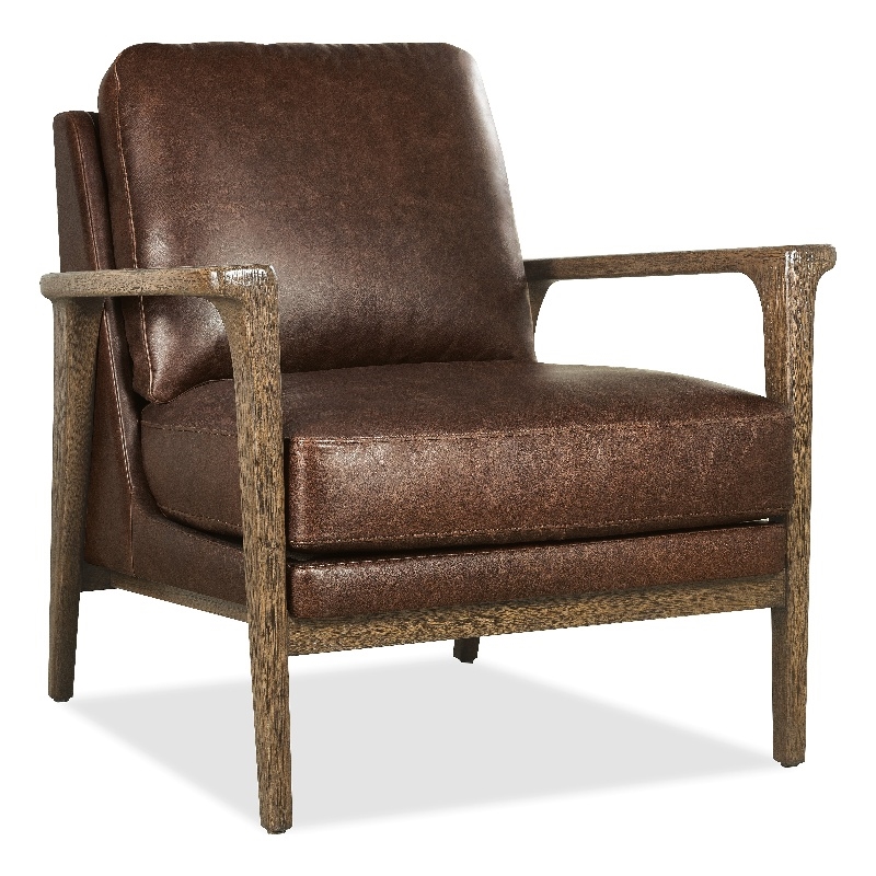 Bowery Hill Brown Leather Club Chair with Exposed Dark Wood Arms