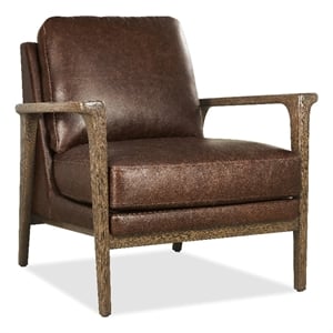 Bowery Hill Brown Leather Club Chair with Exposed Dark Wood Arms
