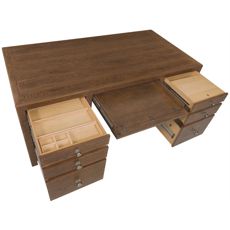 Bowery Hill 7 Drawer Executive Desk in Worn Saddle Brown Wood Finish