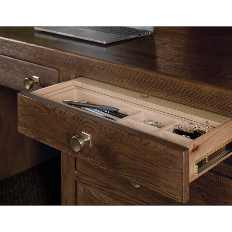 Bowery Hill 7 Drawer Executive Desk in Worn Saddle Brown Wood Finish