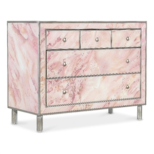 Bowery Hill 5 Drawer Reverse Painted Glass Chest in Pink and Silver