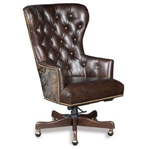 Bowery Hill Aniline Leather Swivel Office Chair in Brown with Hair on Hide