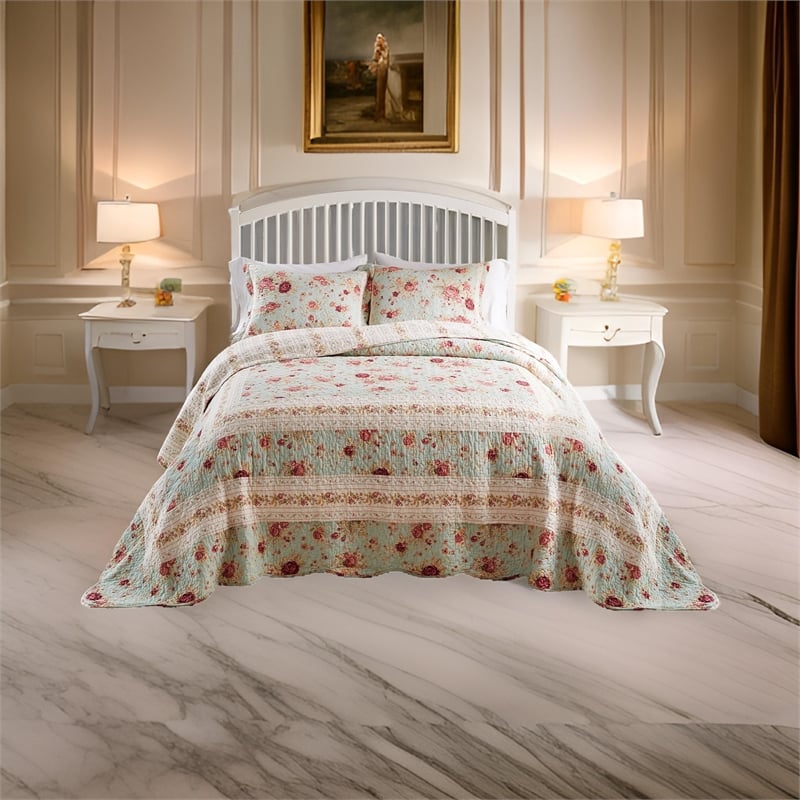 Bowery Hill 3-Piece King Bedspread Set with Reversible Rose Print in Blue