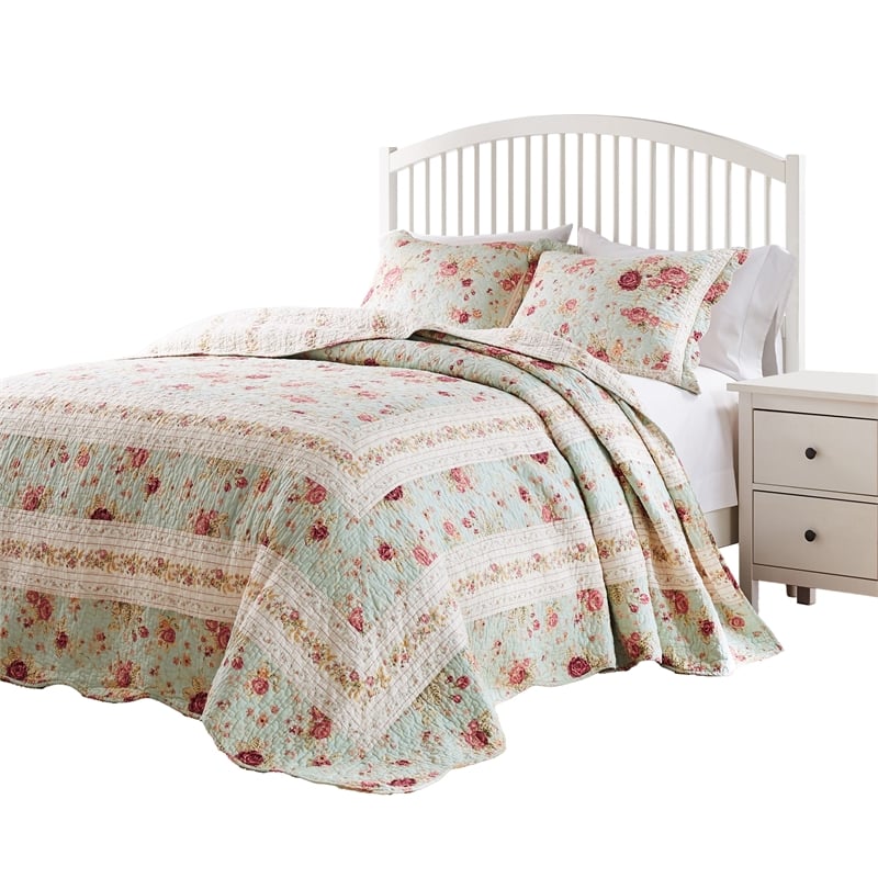 Bowery Hill 3-Piece King Bedspread Set with Reversible Rose Print in Blue