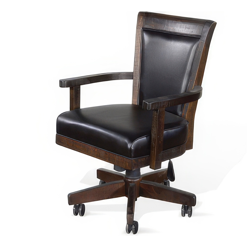 Bowery Hill Rolling Swivel Game Chair in Black Faux Leather & Brown Wood