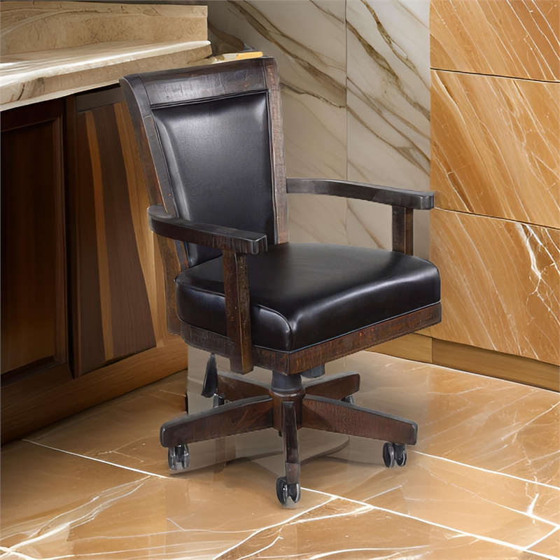 Bowery Hill Rolling Swivel Game Chair in Black Faux Leather & Brown Wood