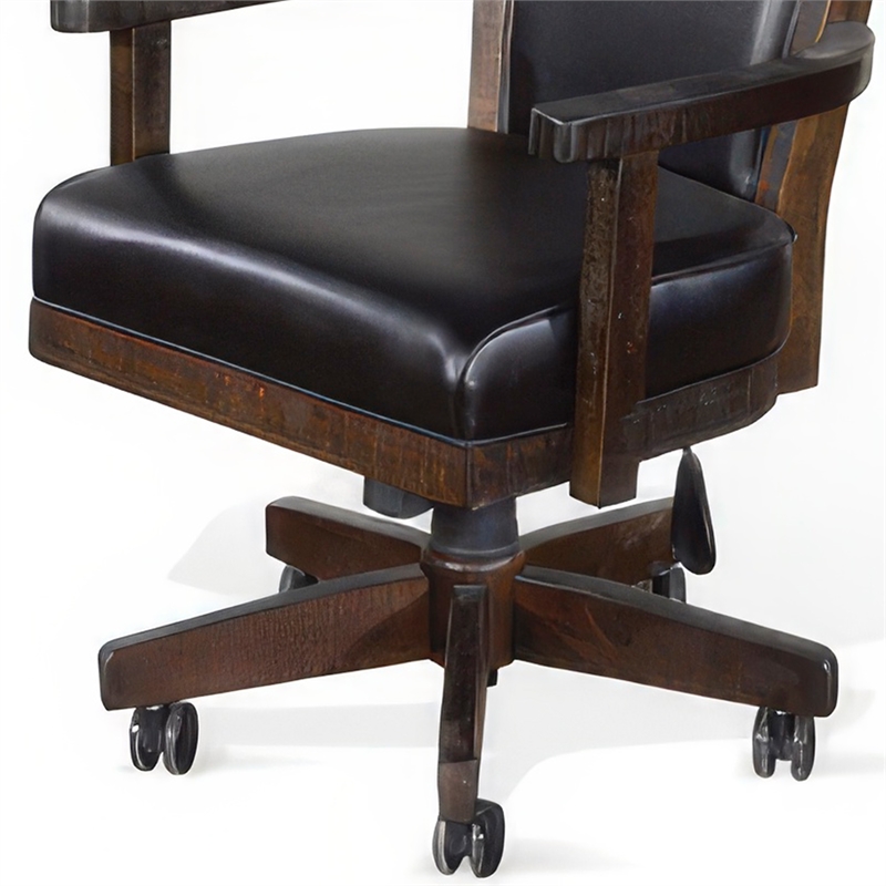 Bowery Hill Rolling Swivel Game Chair in Black Faux Leather & Brown Wood