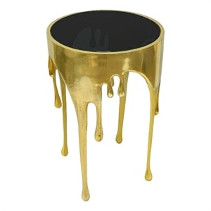 Bowery Hill Round Glass Top Side Table in Gold with Drip Design