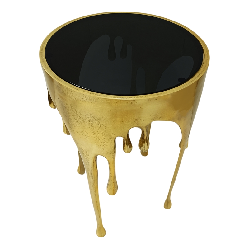 Bowery Hill Round Glass Top Side Table in Gold with Drip Design