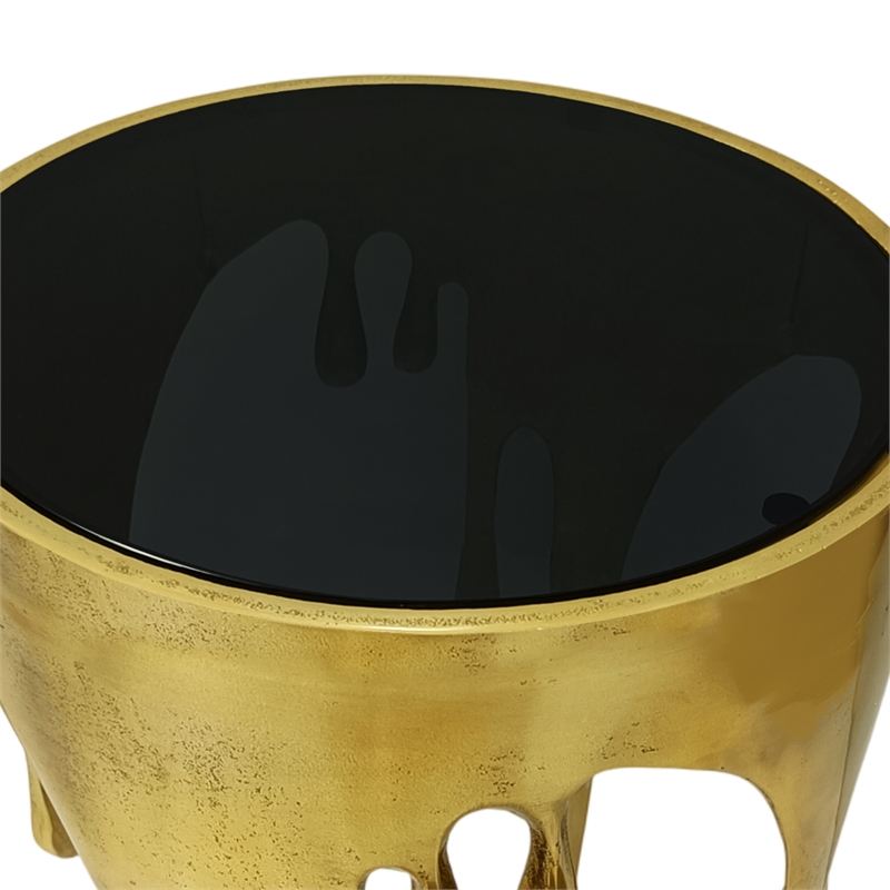 Bowery Hill Round Glass Top Side Table in Gold with Drip Design