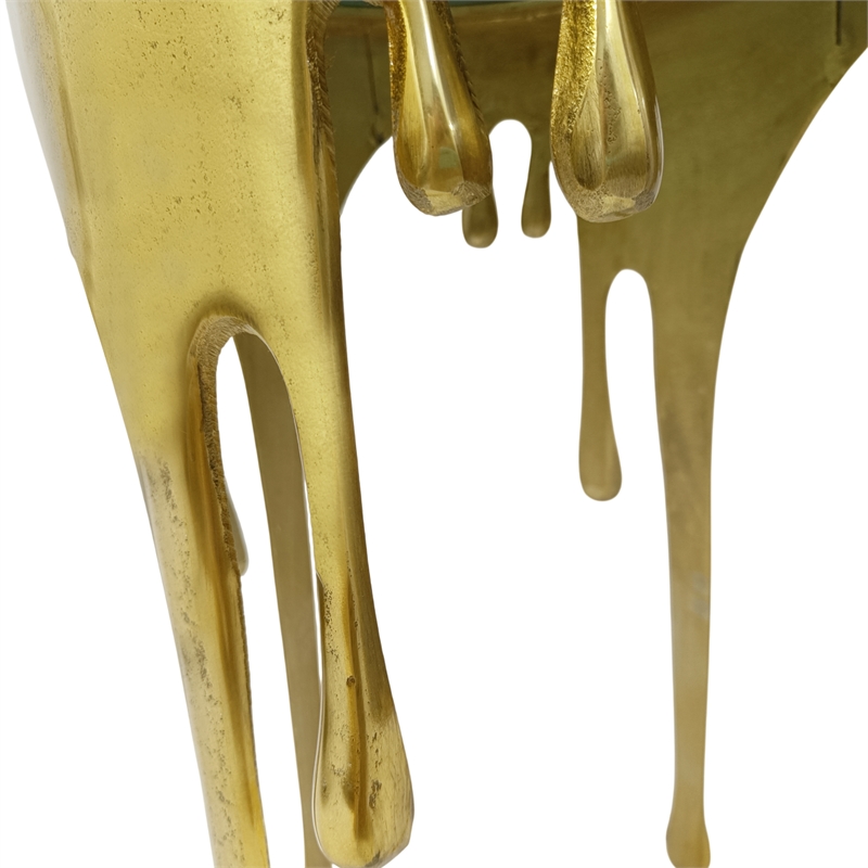 Bowery Hill Round Glass Top Side Table in Gold with Drip Design