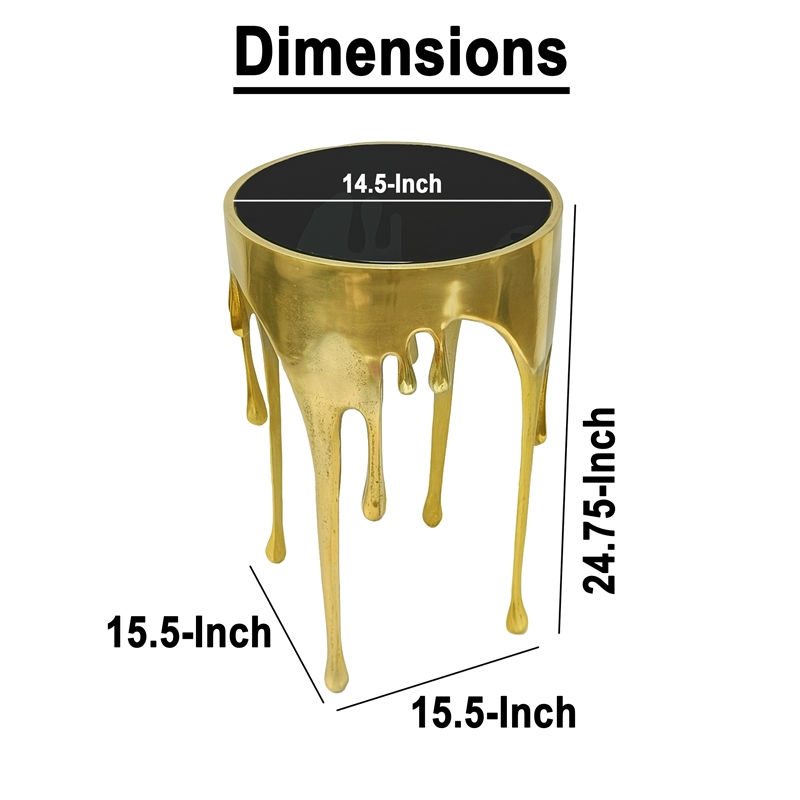 Bowery Hill Round Glass Top Side Table in Gold with Drip Design