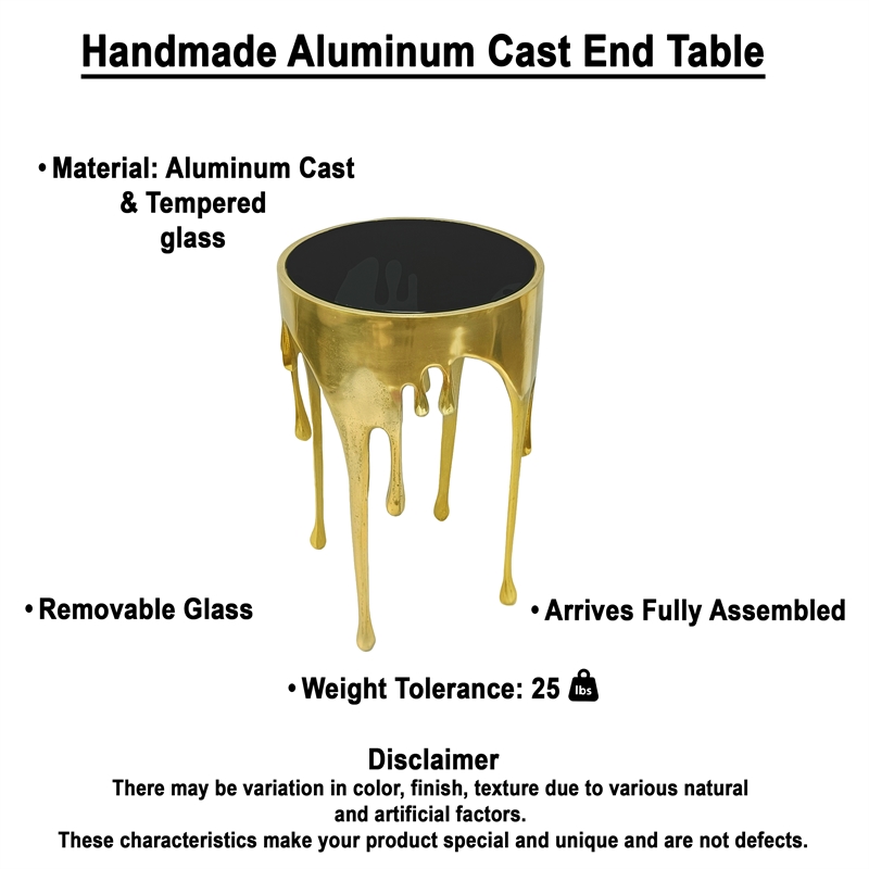 Bowery Hill Round Glass Top Side Table in Gold with Drip Design