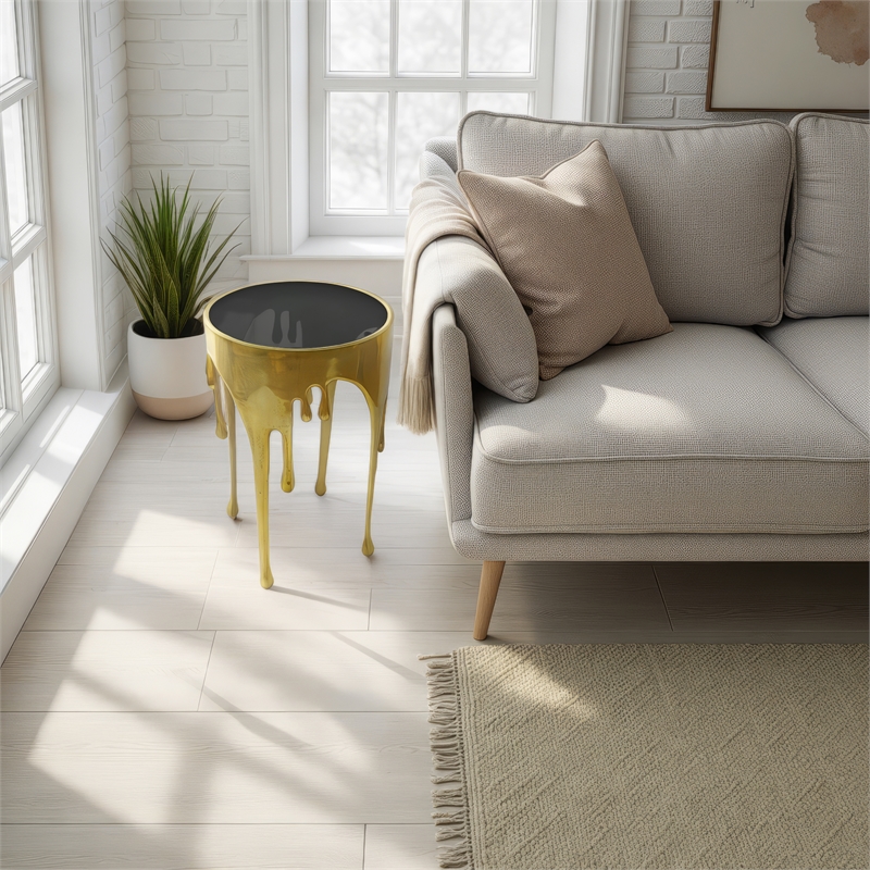 Bowery Hill Round Glass Top Side Table in Gold with Drip Design