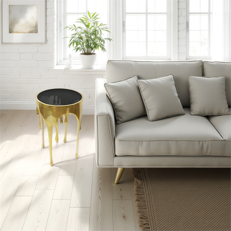 Bowery Hill Round Glass Top Side Table in Gold with Drip Design