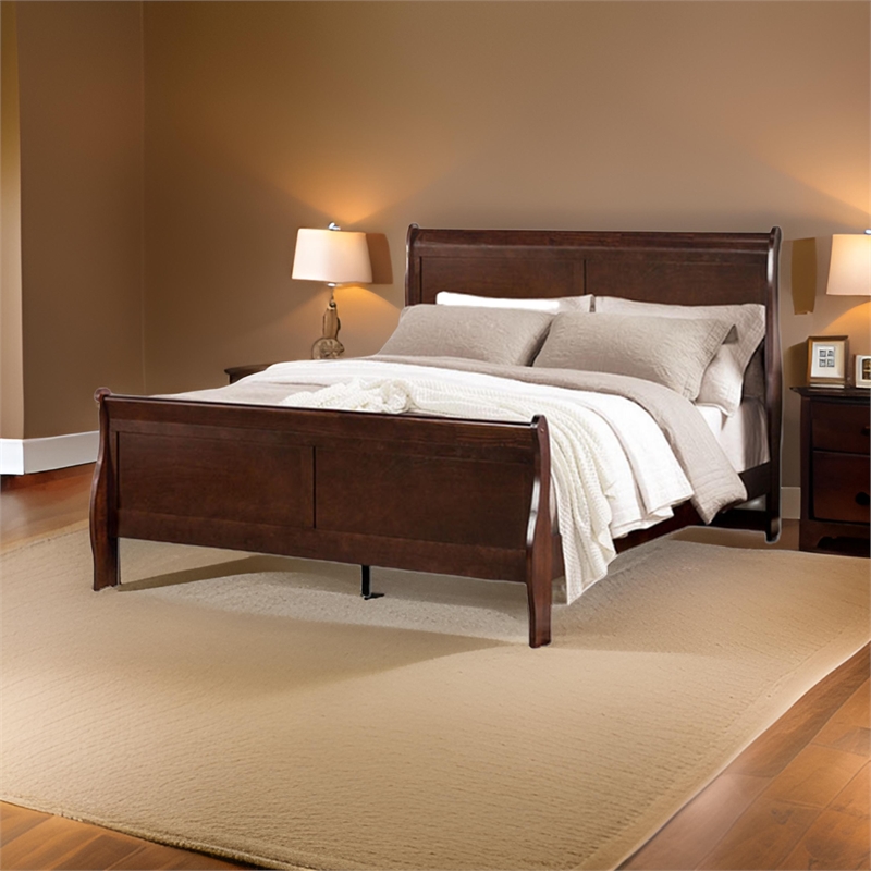 Bowery Hill Ryla Queen Bed Sleigh Headboard Cherry Brown Solid Wood Frame