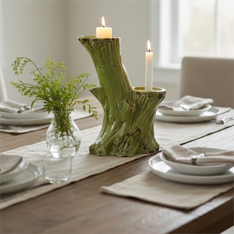 Bowery Hill Decorative Candle Holder Tree Trunk Stoneware Green 11 Inch