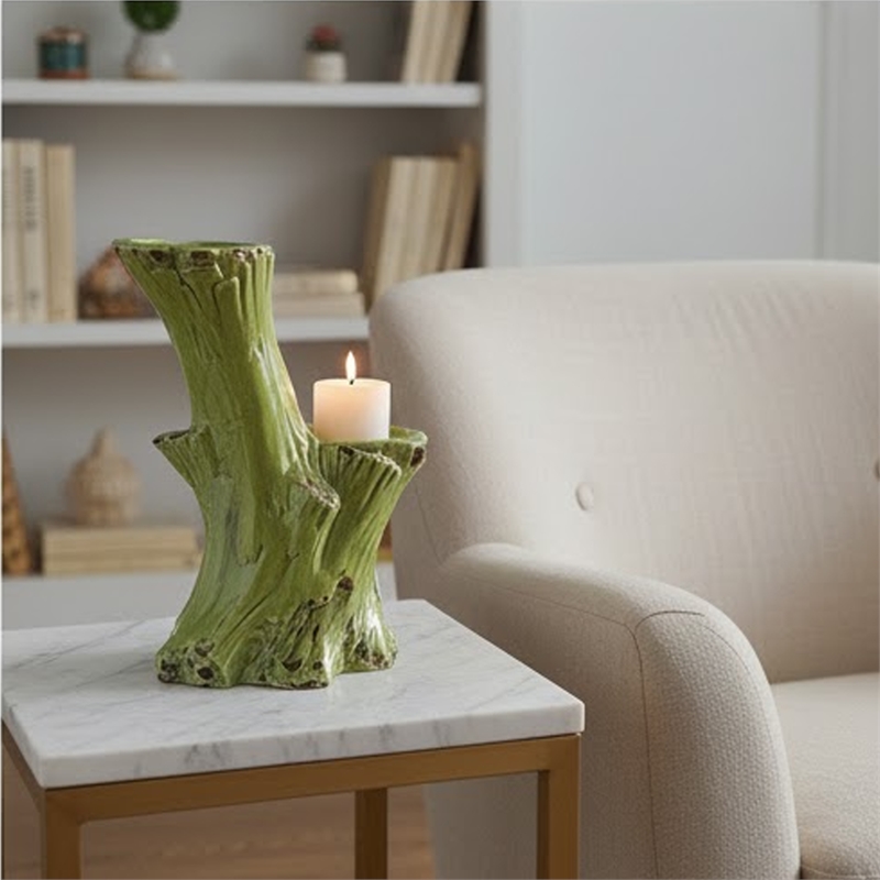 Bowery Hill Decorative Candle Holder Tree Trunk Stoneware Green 11 Inch
