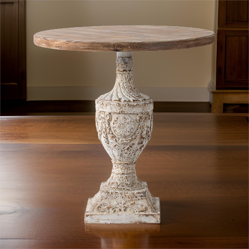 Bowery Hill Accent Side Table with Pedestal Urn Base in Antique White