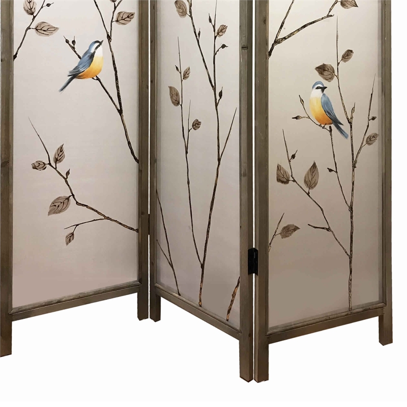 Bowery Hill 3-Panel Art Screen with Hand Painted Fabric Design in Beige