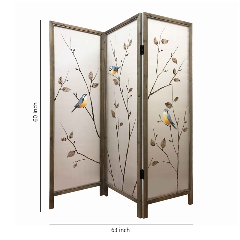 Bowery Hill 3-Panel Art Screen with Hand Painted Fabric Design in Beige