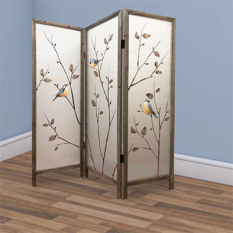 Bowery Hill 3-Panel Art Screen with Hand Painted Fabric Design in Beige