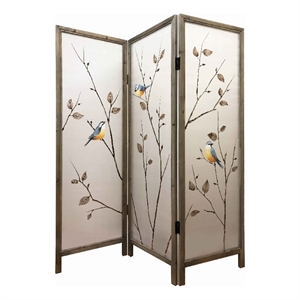 Bowery Hill 3-Panel Art Screen with Hand Painted Fabric Design in Beige