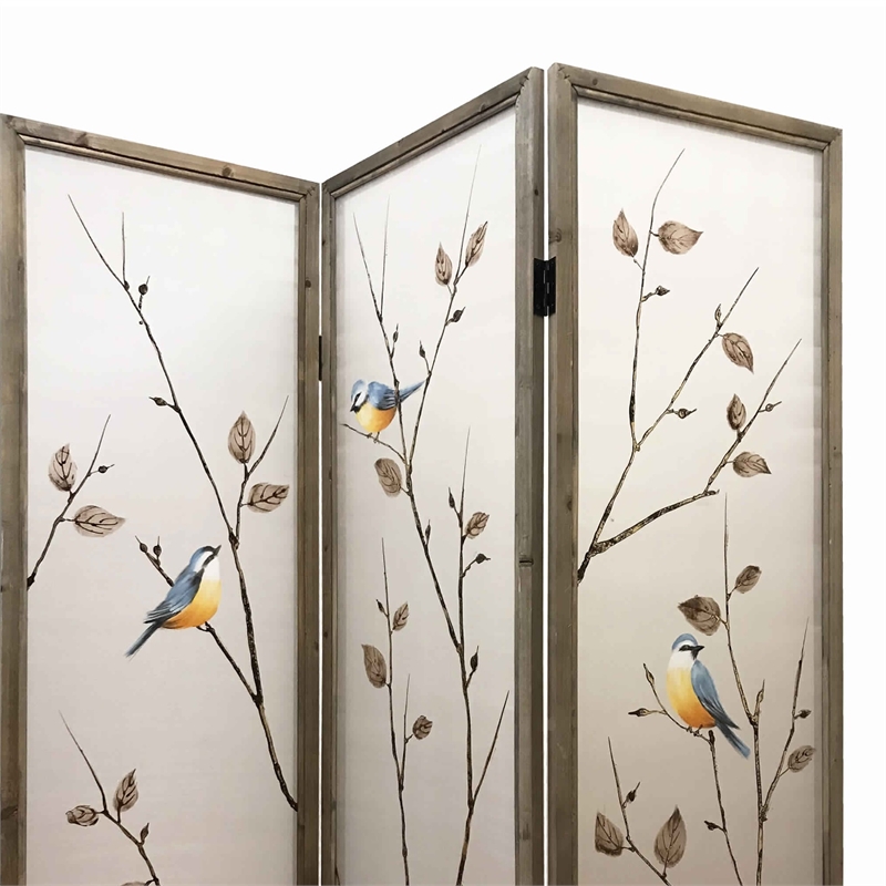 Bowery Hill 3-Panel Art Screen with Hand Painted Fabric Design in Beige