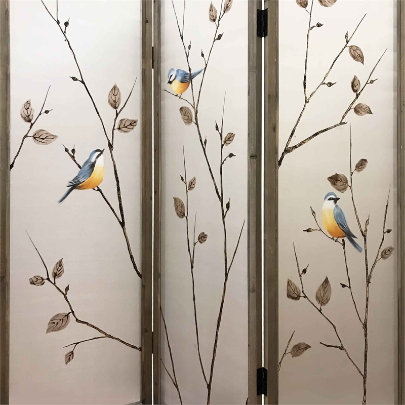 Bowery Hill 3-Panel Art Screen with Hand Painted Fabric Design in Beige