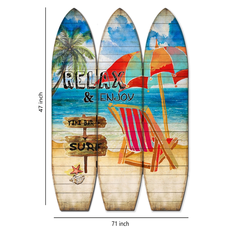 Bowery Hill Surfboard Shaped 3-Panel Room Divider with Metal Hinges