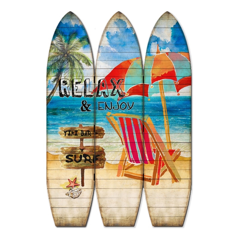 Bowery Hill Surfboard Shaped 3-Panel Room Divider with Metal Hinges