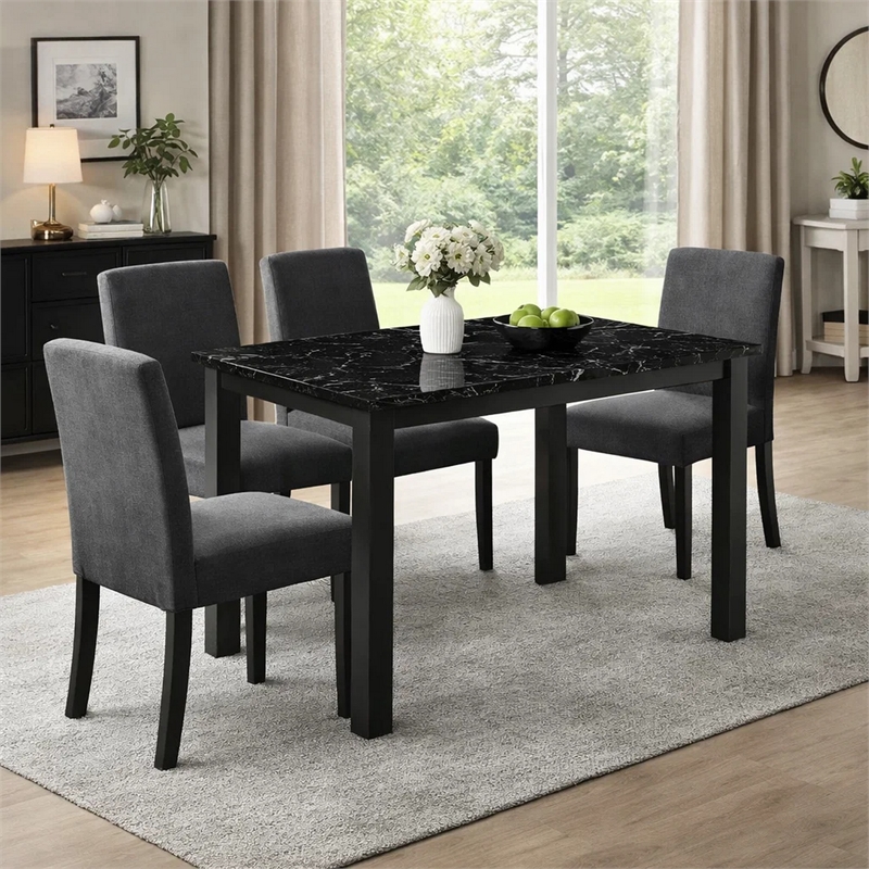 Bowery Hill Dining Table with Black Faux Marble Top and Wood Legs