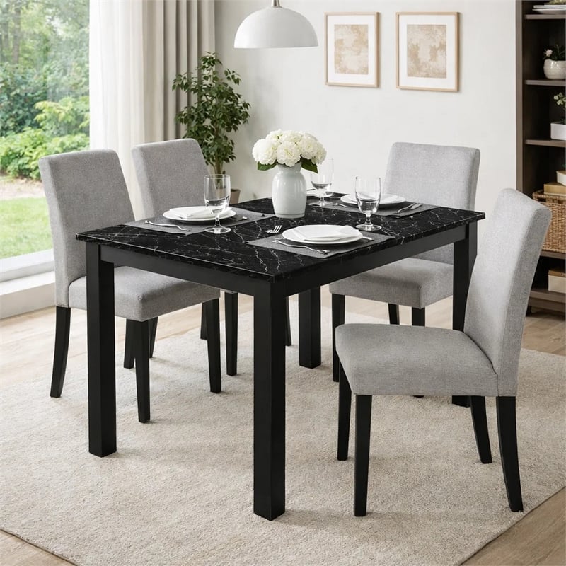 Bowery Hill Dining Table with Black Faux Marble Top and Wood Legs